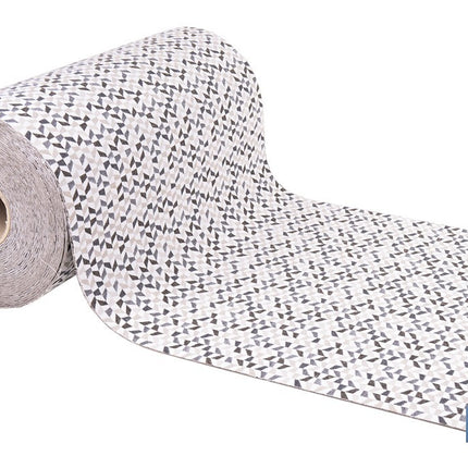 Rollo de alfombra vinílica para interior | Diseño de mosaicos gris, blanco y beige | Impermeable y de fácil limpieza