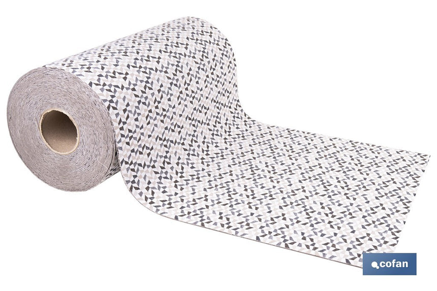 Rollo de alfombra vinílica para interior | Diseño de mosaicos gris, blanco y beige | Impermeable y de fácil limpieza