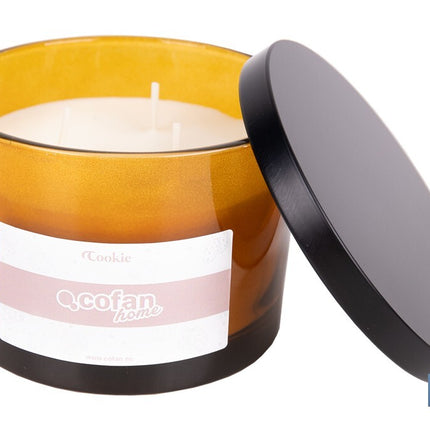 Vela aromática Cookie de 3 mechas | Cera de soja | Aroma a canela napolitana | Vaso de vidrio ámbar decorativo | Duración de combustión: 35 horas