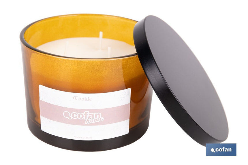 Vela aromática Cookie de 3 mechas | Cera de soja | Aroma a canela napolitana | Vaso de vidrio ámbar decorativo | Duración de combustión: 35 horas