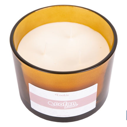 Vela aromática Cookie de 3 mechas | Cera de soja | Aroma a canela napolitana | Vaso de vidrio ámbar decorativo | Duración de combustión: 35 horas