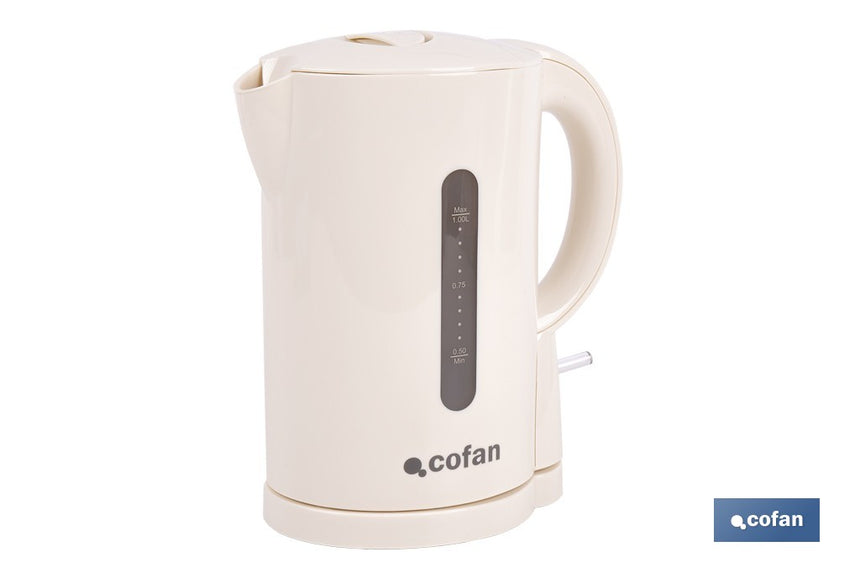 Hervidor eléctrico de agua beige | Capacidad: 1 Litro | Potencia: 1080 W | Hervidor compacto con controlador Strix | Ideal para cocinas y oficinas