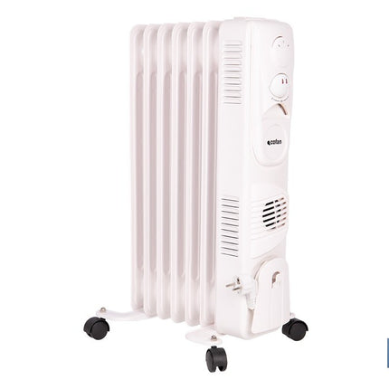 Radiador de aceite con termostato y ventilador | 1500 W + 400 W | 7 elementos | 3 niveles de potencia | Color blanco