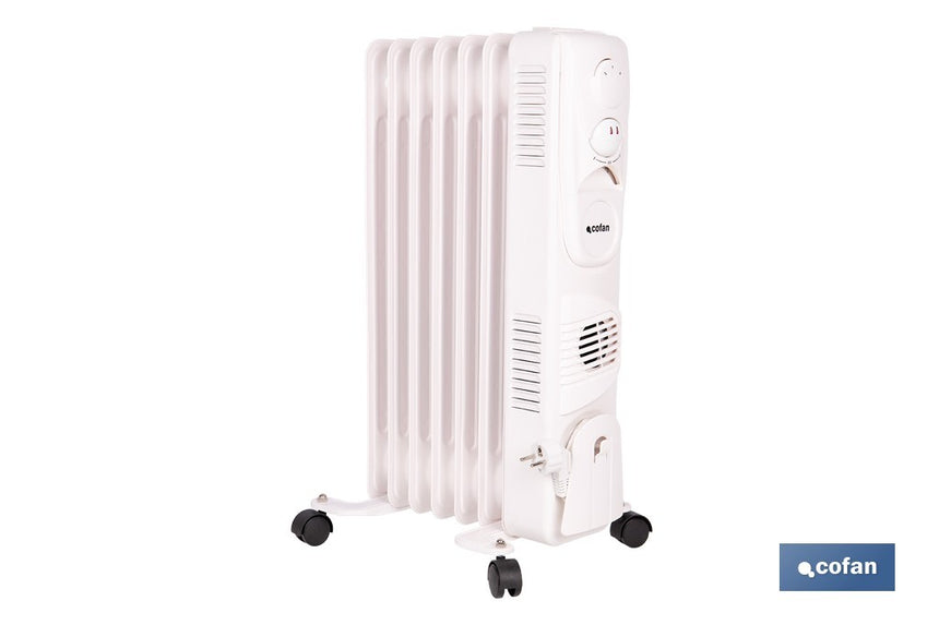 Radiador de aceite con termostato y ventilador | 1500 W + 400 W | 7 elementos | 3 niveles de potencia | Color blanco