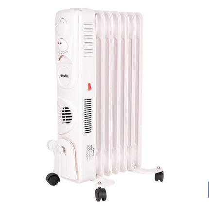 Radiador de aceite con termostato y ventilador | 1500 W + 400 W | 7 elementos | 3 niveles de potencia | Color blanco