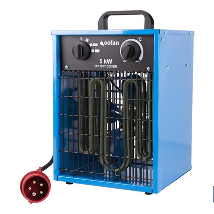 Calefactor eléctrico con enchufe industrial | Potencia: 5000 W | Función ventilador | Enchufe tipo trifásico (5 pines) | Protección IP24