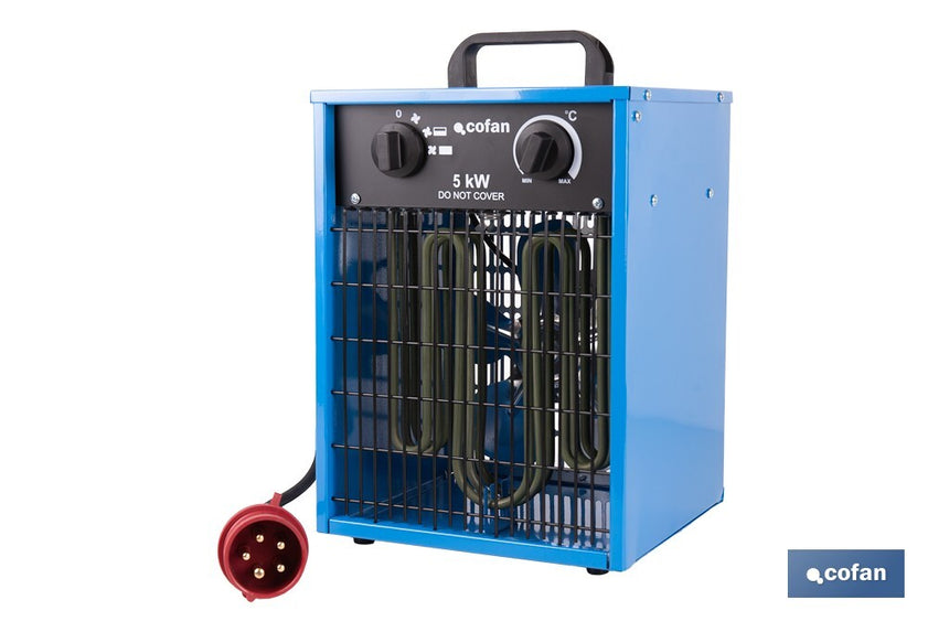 Calefactor eléctrico con enchufe industrial | Potencia: 5000 W | Función ventilador | Enchufe tipo trifásico (5 pines) | Protección IP24