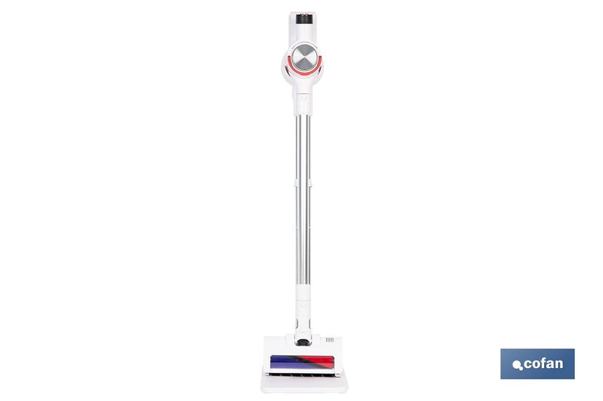 Aspiradora sin cable con base de carga | Potencia de succión: 180 AW | Potencia ciclónica: 32 kPa | 4 velocidades | Filtro HEPA lavable | Batería de litio 25,9 V | Color: blanco