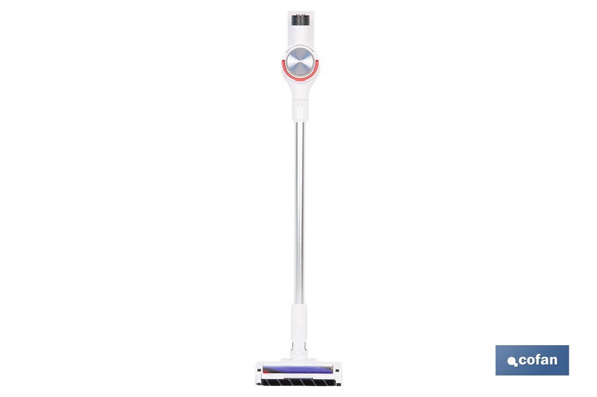 Aspiradora eléctrica sin cable con soporte a la pared | Potencia de succión: 180 AW | Potencia ciclónica: 32 kPa | 4 velocidades | Filtro HEPA lavable | Batería de litio 25,9 V | Color: blanco