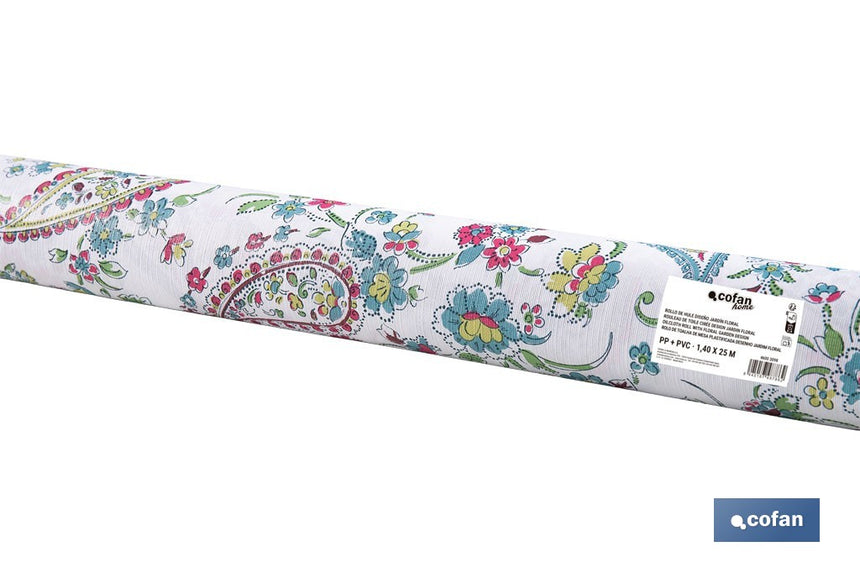 Rollo de hule estampado jardín floral | Materiales: PVC y tela no tejida de polipropileno | Fácil limpieza | Medidas 1,40 x 25 m