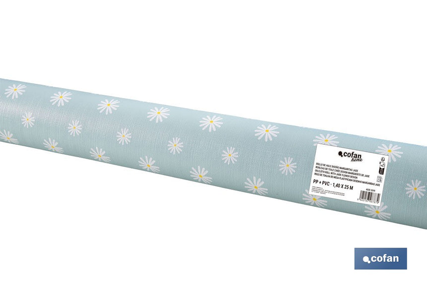 Rollo de hule estampado margarita jade | Materiales: PVC y tela no tejida de polipropileno | Fácil limpieza | Medidas 1,40 x 25 m