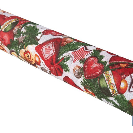 Rollo de mantel resinado antimanchas con adornos y ramas de abeto | Materiales: 75 % algodón y 25 % poliéster | Diseño navideño, fácil de limpiar