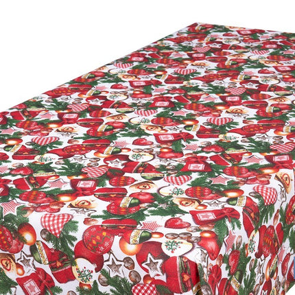 Rollo de mantel resinado antimanchas con adornos y ramas de abeto | Materiales: 75 % algodón y 25 % poliéster | Diseño navideño, fácil de limpiar
