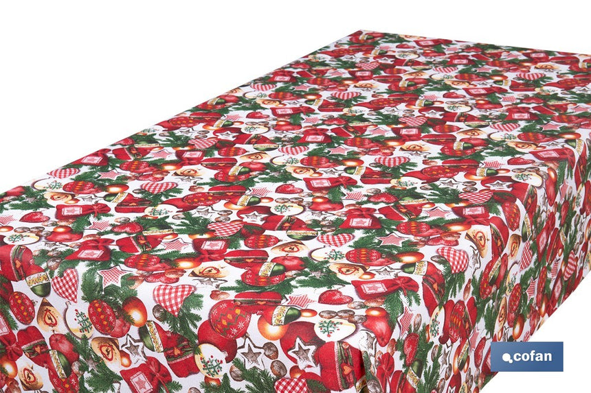 Rollo de mantel resinado antimanchas con adornos y ramas de abeto | Materiales: 75 % algodón y 25 % poliéster | Diseño navideño, fácil de limpiar