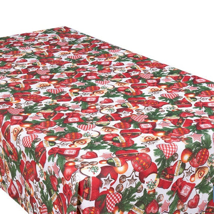 Rollo de mantel resinado antimanchas con adornos y ramas de abeto | Materiales: 75 % algodón y 25 % poliéster | Diseño navideño, fácil de limpiar