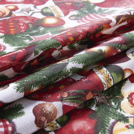 Rollo de mantel resinado antimanchas con adornos y ramas de abeto | Materiales: 75 % algodón y 25 % poliéster | Diseño navideño, fácil de limpiar
