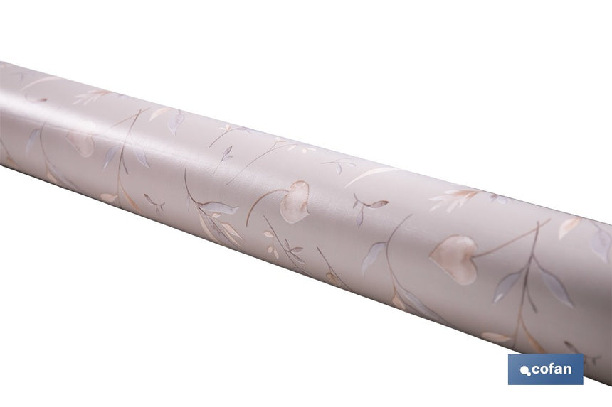 Rollo de hule estampado botánico con ramas doradas | Materiales: polipropileno y PVC | Gran resistencia a líquidos y manchas | Fácil limpieza | Medidas 1,40 x 20 m