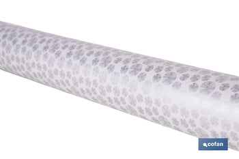 Rollo de hule estampado gris polar | Materiales: polipropileno y PVC | Gran resistencia a líquidos y manchas | Fácil limpieza | Medidas 1,40 x 20 m