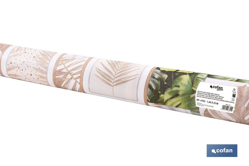 Rollo de hule estampado verde tropical | Materiales: PVC y tela no tejida de polipropileno | Fácil limpieza | Medidas 1,40 x 25 m