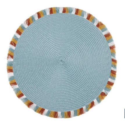 Bajoplatos redondos con flecos de colores | Color: azul | Salvamanteles individuales | Packs de 6 unidades | Diámetro: 38 cm