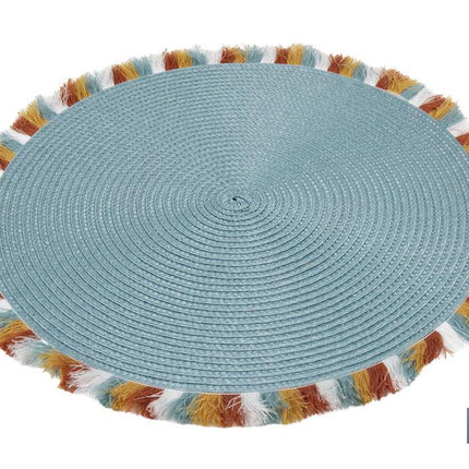 Bajoplatos redondos con flecos de colores | Color: azul | Salvamanteles individuales | Packs de 6 unidades | Diámetro: 38 cm