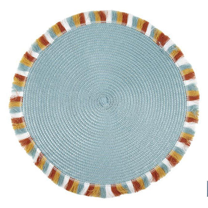 Bajoplatos redondos con flecos de colores | Color: azul | Salvamanteles individuales | Packs de 6 unidades | Diámetro: 38 cm