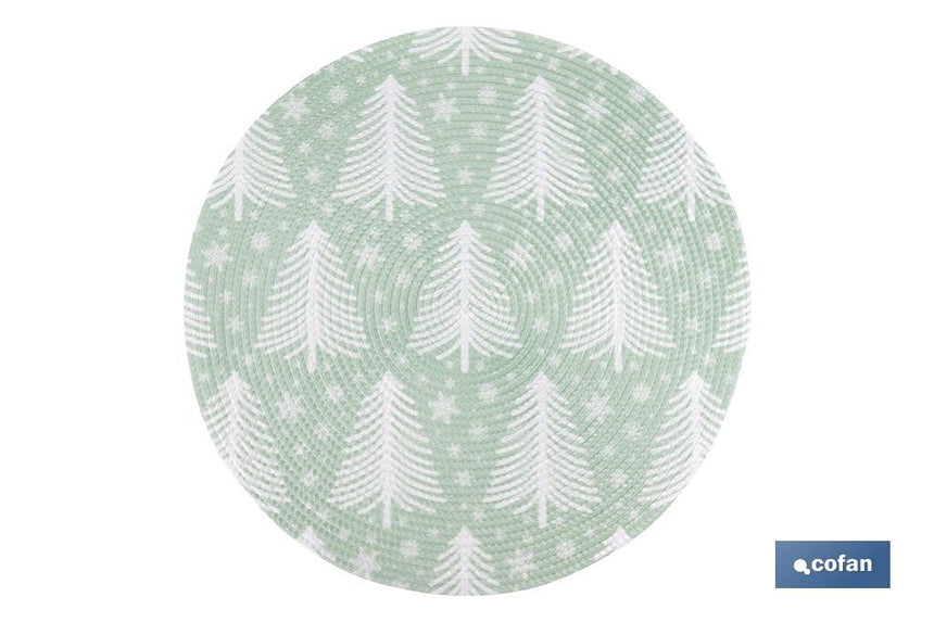 Bajoplatos redondos de Navidad | Diseño con árboles de Navidad | Packs de 6 salvamanteles individuales | Diámetro: 38 cm | Color: verde y blanco