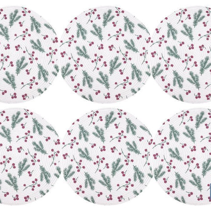 Bajoplatos redondos de Navidad | Diseño con ramas verdes y bayas rojas | Packs de 6 salvamanteles individuales | Diámetro: 38 cm