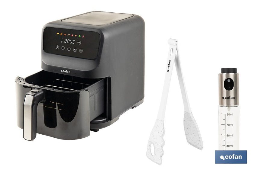 Pack de freidora de aire digital 5 litros 1500 W, pinzas de cocina 28 cm y pulverizador de aceite 90 ml
