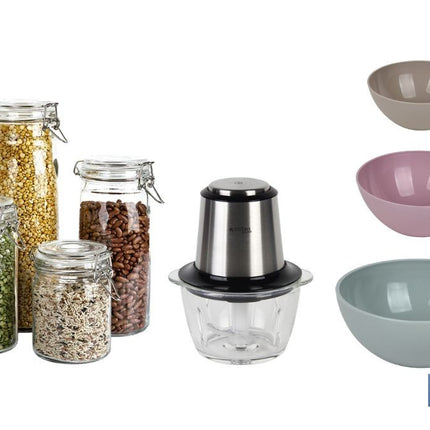 Pack de picadora eléctrica 400 W 1,2 l, 4 tarros herméticos de vidrio, 3 bols de cocina multiusos