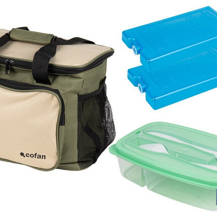 Pack de nevera portátil de 20 litros, 2 acumuladores de frío de 500 ml y fiambrera verde de 1,5 litros con cubiertos