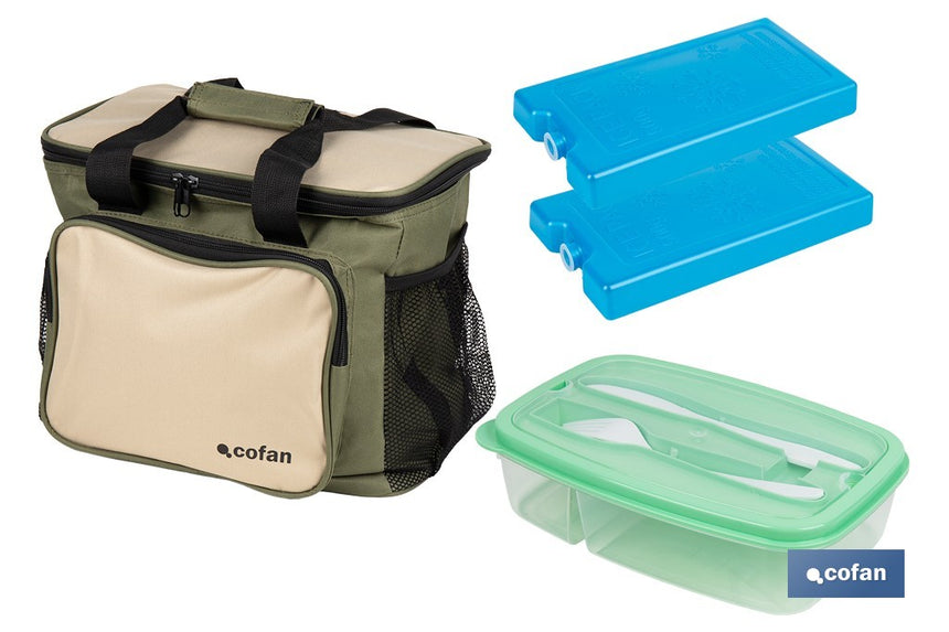 Pack de nevera portátil de 20 litros, 2 acumuladores de frío de 500 ml y fiambrera verde de 1,5 litros con cubiertos