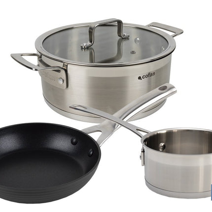Pack de cacerola (4,3 litros) con tapa y cazo (1 litro) de acero inoxidable, sartén de inducción Ø20 cm