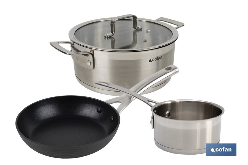 Pack de cacerola (4,3 litros) con tapa y cazo (1 litro) de acero inoxidable, sartén de inducción Ø20 cm