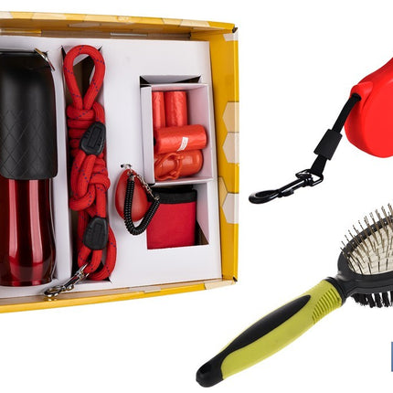 Pack de accesorios de paseo, correa extensible y peine de doble cara | Incluye clicker de entrenamiento, botella de 750, luz de seguridad