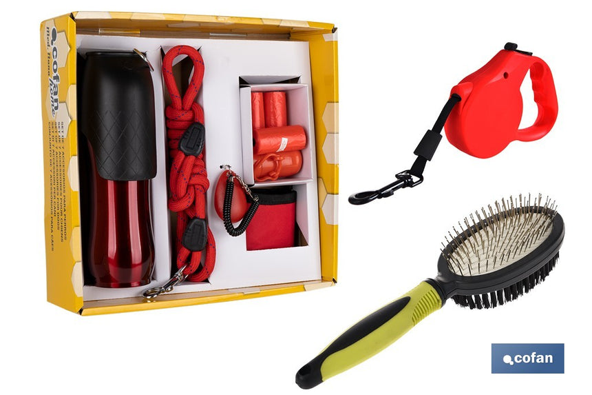 Pack de accesorios de paseo, correa extensible y peine de doble cara | Incluye clicker de entrenamiento, botella de 750, luz de seguridad
