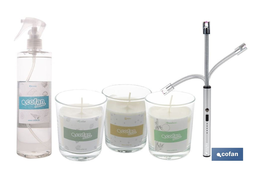 Pack de 3 velas aromáticas, encendedor eléctrico y bruma textil | Velas con aromas a cedro, bambú y lino