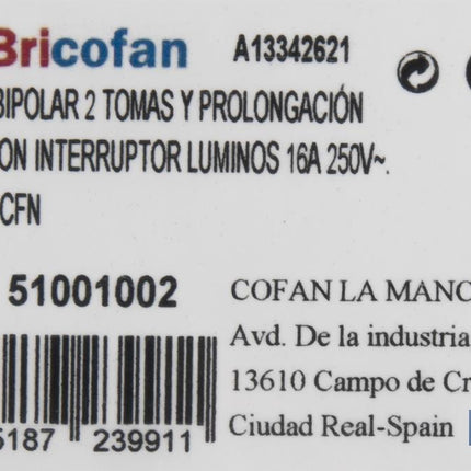 Base múltiple de dos tomas | Incluye conmutador luminoso de encendido | Cable de 1,5 metros de longitud