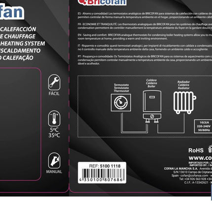 Termostato para calefacción analógico | Regulación de temperatura manual | Medidas 100 x 80 x 40 mm