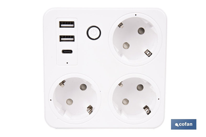 Regleta inteligente WiFi con 3 tomas + 2 puertos USB + 1 puerto USB-C | Conectividad WiFi y Bluetooth | Aplicación: Smart Life o Tuya | Control remoto de dispositivos | Compatible con Alexa y Google