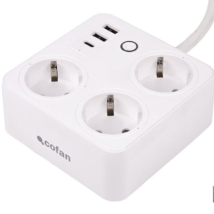 Regleta inteligente WiFi con 3 tomas + 2 puertos USB + 1 puerto USB-C | Conectividad WiFi y Bluetooth | Aplicación: Smart Life o Tuya | Control remoto de dispositivos | Compatible con Alexa y Google