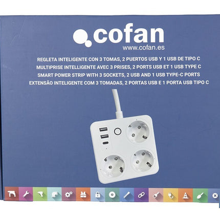 Regleta inteligente WiFi con 3 tomas + 2 puertos USB + 1 puerto USB-C | Conectividad WiFi y Bluetooth | Aplicación: Smart Life o Tuya | Control remoto de dispositivos | Compatible con Alexa y Google