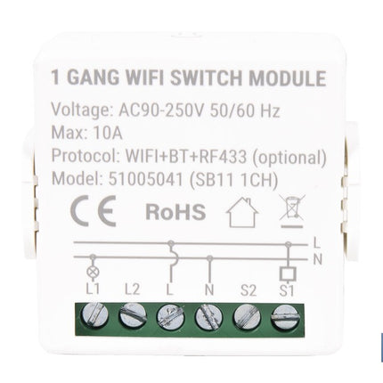 Relé inteligente de 1 interruptor WiFi | Aplicación: Smart Life o Tuya | Conectividad WiFi + Bluetooth | Para luces de hasta 10 A/150 W | Compatible con Alexa y Google