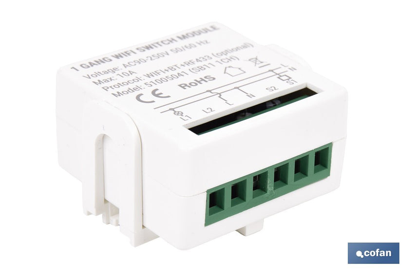 Relé inteligente de 1 interruptor WiFi | Aplicación: Smart Life o Tuya | Conectividad WiFi + Bluetooth | Para luces de hasta 10 A/150 W | Compatible con Alexa y Google