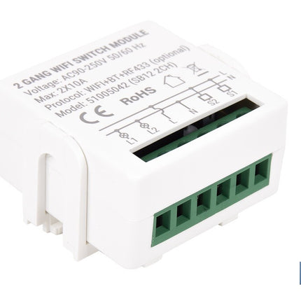 Relé inteligente de 2 interruptores WiFi | Aplicación: Smart Life o Tuya | Conectividad WiFi + Bluetooth | Para luces de hasta 10 A/150 W | Compatible con Alexa y Google