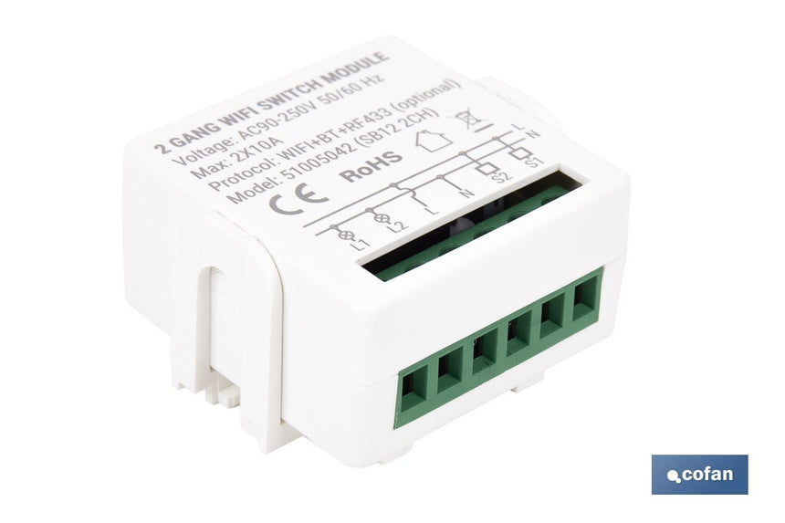 Relé inteligente de 2 interruptores WiFi | Aplicación: Smart Life o Tuya | Conectividad WiFi + Bluetooth | Para luces de hasta 10 A/150 W | Compatible con Alexa y Google