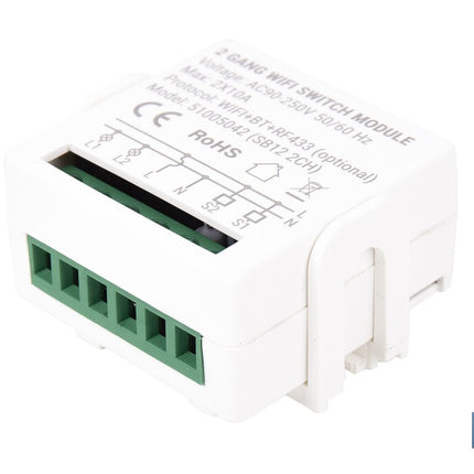 Relé inteligente de 2 interruptores WiFi | Aplicación: Smart Life o Tuya | Conectividad WiFi + Bluetooth | Para luces de hasta 10 A/150 W | Compatible con Alexa y Google