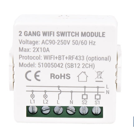 Relé inteligente de 2 interruptores WiFi | Aplicación: Smart Life o Tuya | Conectividad WiFi + Bluetooth | Para luces de hasta 10 A/150 W | Compatible con Alexa y Google