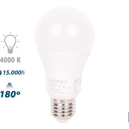 Bombilla LED Classic con sensor | Luz neutra (4000 K) con boquilla E27, 9 W y 806 lúmenes | Detector de movimiento y larga duración 15.000 h de vida
