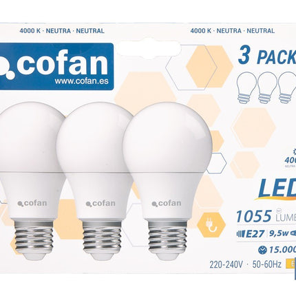Pack de 3 bombillas LED classic E27 de luz neutra 4000K Potencia 9,5 W y 1055 lúmenes | Ahorro de energía y larga duración 15.000 h de vida